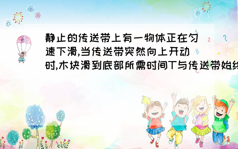 静止的传送带上有一物体正在匀速下滑,当传送带突然向上开动时,木块滑到底部所需时间T与传送带始终静止不动所需时间T0相比,谁打谁小?