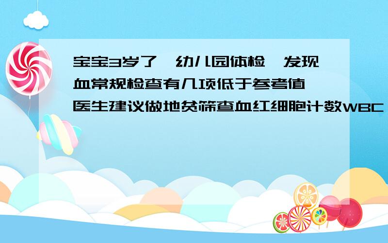 宝宝3岁了,幼儿园体检,发现血常规检查有几项低于参考值,医生建议做地贫筛查血红细胞计数WBC 7.6(4-12) 红细胞计数RBC 5.46参考(4.0-4.5)血红蛋白浓度HGB 105参考(110-140)红细胞体积HCT 0.331参考0.28-0.