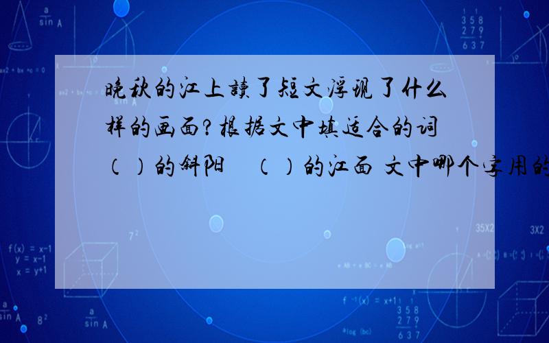 晚秋的江上读了短文浮现了什么样的画面?根据文中填适合的词（）的斜阳　（）的江面 文中哪个字用的传神归巢的鸟儿,尽管是倦了,还驮着斜阳回去.双翅一翻,把斜阳掉在江上；头白的芦苇,