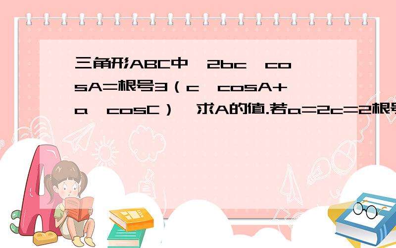 三角形ABC中,2bc*cosA=根号3（c*cosA+a*cosC）,求A的值.若a=2c=2根号3且b大于c,求三角形的面积.