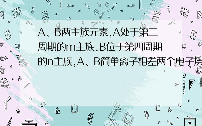 A、B两主族元素,A处于第三周期的m主族,B位于第四周期的n主族,A、B简单离子相差两个电子层.1.原子序数A：B：2.A、B形成的离子化合物的化学时可能是 3.B的最高价氧化物对应水化物中含x则B的