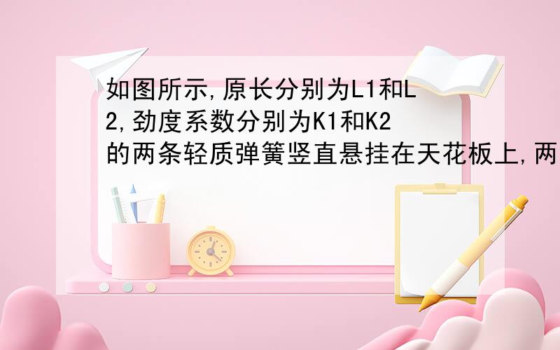 如图所示,原长分别为L1和L2,劲度系数分别为K1和K2的两条轻质弹簧竖直悬挂在天花板上,两弹簧之间有一质量为M1的物体,最下端挂着质量为M2的另一物体,整个装置处于静止状态.求：1.这时两弹