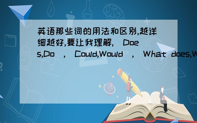 英语那些词的用法和区别,越详细越好,要让我理解,（Does,Do）,（Could,Would）,（What does,What do）,（How abot）,（What abot）,（nice,well,good）,（speak,say）(eat,have) 用法和区别,在什么情况下用什么.