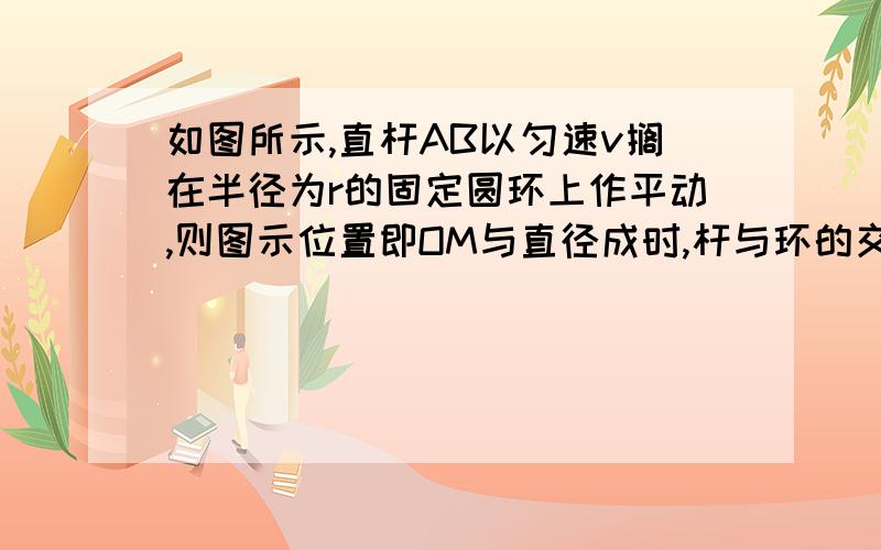 如图所示,直杆AB以匀速v搁在半径为r的固定圆环上作平动,则图示位置即OM与直径成时,杆与环的交点M的速度为__________,加速度为___________.