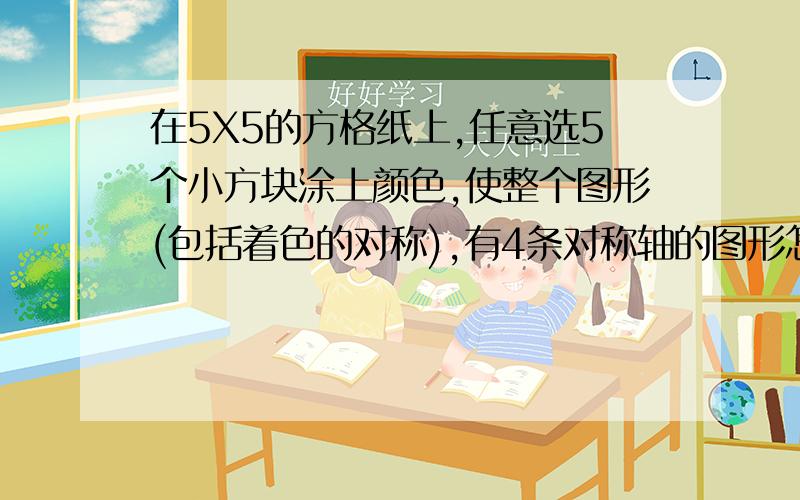 在5X5的方格纸上,任意选5个小方块涂上颜色,使整个图形(包括着色的对称),有4条对称轴的图形怎么画四个角和中间的对吗?