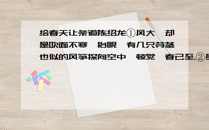 给春天让条道陈绍龙①风大,却是吹面不寒,抬眼,有几只芽茎也似的风筝探向空中,顿觉,春已至.②虽说心悦,却不免埋怨起来：这里是你们放风筝的地方么?③这是郊外的一片山坡地,开阔,路宽,