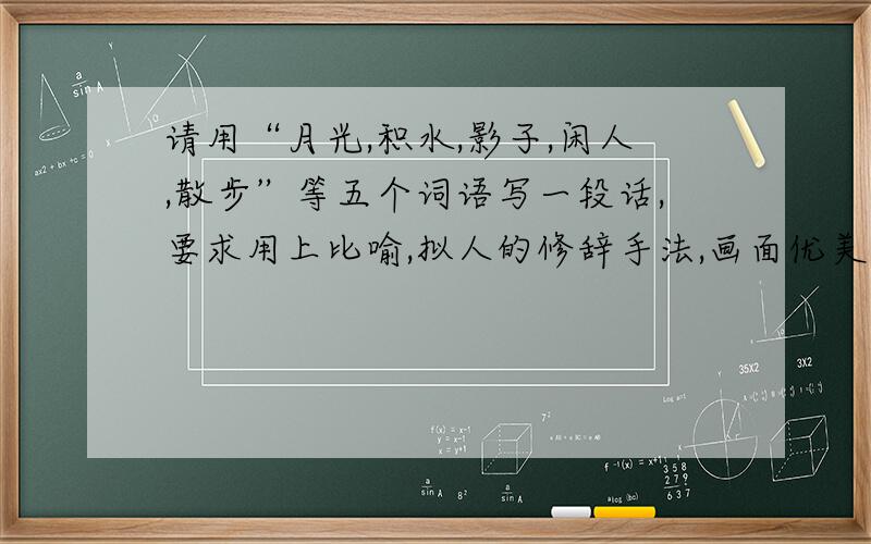 请用“月光,积水,影子,闲人,散步”等五个词语写一段话,要求用上比喻,拟人的修辞手法,画面优美（100字左右）