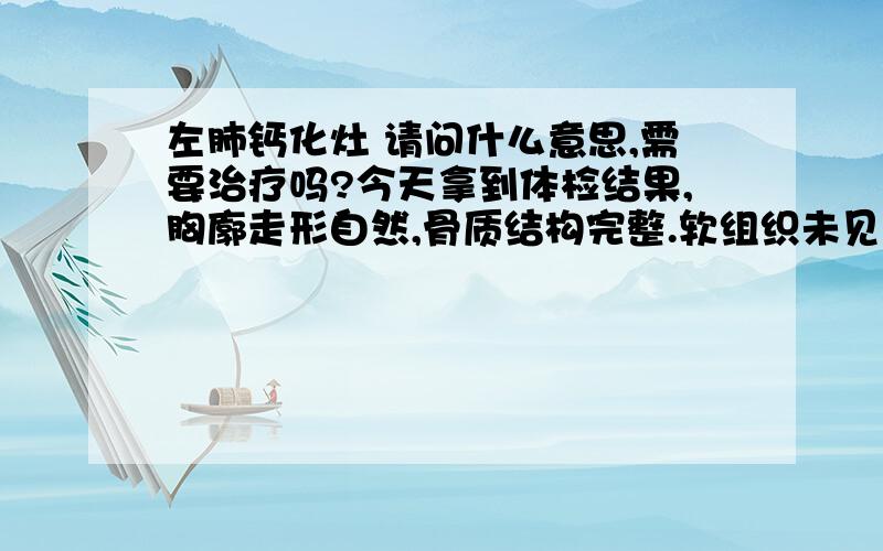 左肺钙化灶 请问什么意思,需要治疗吗?今天拿到体检结果,胸廓走形自然,骨质结构完整.软组织未见异常.双肺野透光度良好,肺门结构清晰,肺纹理走行分布正常,左肺中野第三肋骨可见结节状高