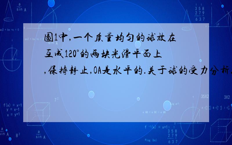 图1中,一个质量均匀的球放在互成120°的两块光滑平面上,保持静止,OA是水平的．关于球的受力分析,下面说法中正确的是 [ ]A．球受重力、平面OA和OB的弹力B．球除了受重力外,只受到平面OA的弹