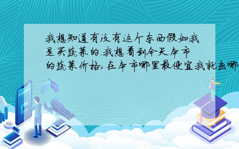 我想知道有没有这个东西假如我是买蔬菜的.我想看到今天本市的蔬菜价格,在本市哪里最便宜我就去哪里买,不必一家家问.请问有没有这个软件,或者怎么实现.怎么让人最早知道一件东西价格