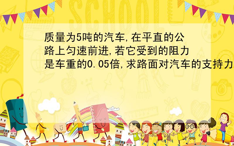 质量为5吨的汽车,在平直的公路上匀速前进,若它受到的阻力是车重的0.05倍,求路面对汽车的支持力