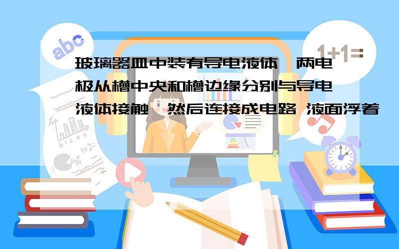 玻璃器皿中装有导电液体,两电极从槽中央和槽边缘分别与导电液体接触,然后连接成电路 液面浮着一泡沫塑料当电键合上后塑料块将 方向运动,从上往下看