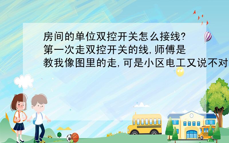 房间的单位双控开关怎么接线?第一次走双控开关的线,师傅是教我像图里的走,可是小区电工又说不对,有点蒙了,请大会看看,是房间的双控灯,单位开关的,师傅说的是像图里的,走红蓝2条主线进