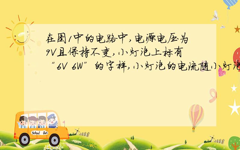 在图1中的电路中,电源电压为9V且保持不变,小灯泡上标有“6V 6W”的字样,小灯泡的电流随小灯泡两端电压的变化关系如图2所示.求：（1）小灯泡正常发光时的电流为多少A?（2）当电流表示数