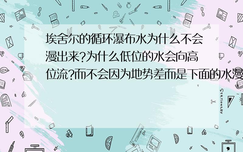 埃舍尔的循环瀑布水为什么不会漫出来?为什么低位的水会向高位流?而不会因为地势差而是下面的水漫出?