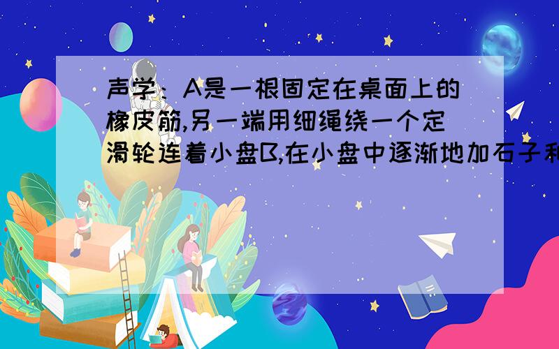 声学：A是一根固定在桌面上的橡皮筋,另一端用细绳绕一个定滑轮连着小盘B,在小盘中逐渐地加石子和硬币就能利用竹片在橡皮筋上弹出不同的声音.1,这些声音的主要区别2,声音有这些区别的