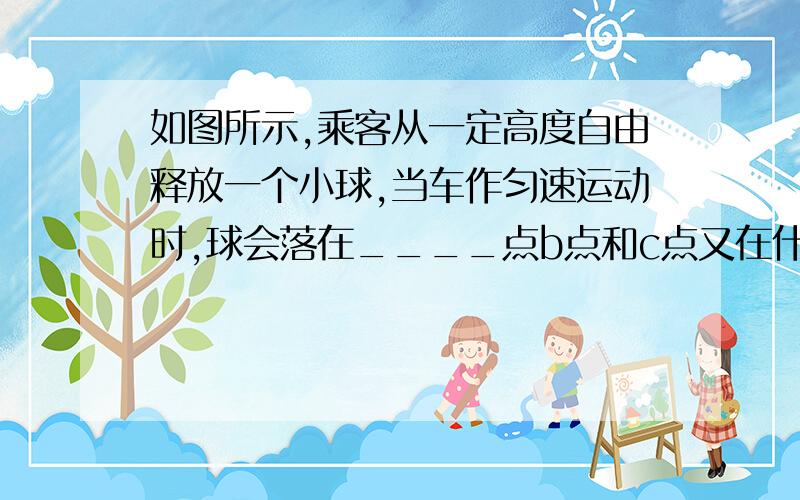 如图所示,乘客从一定高度自由释放一个小球,当车作匀速运动时,球会落在____点b点和c点又在什么情况掉落,为什么