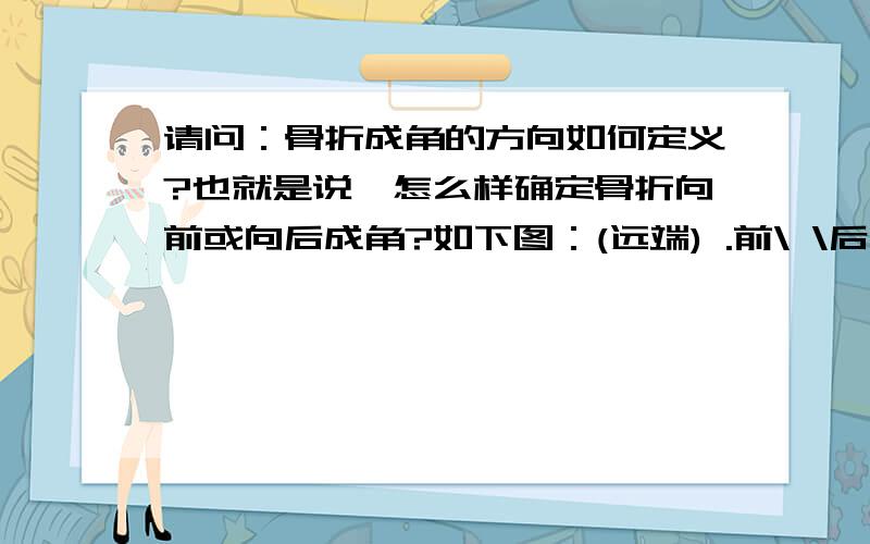 请问：骨折成角的方向如何定义?也就是说,怎么样确定骨折向前或向后成角?如下图：(远端) .前\ \后 ...前\ \后 .前\ \后 .前l l后 .前l l后 .前l l后 .前l l后 .前l l后 .(近端) 这算向前还是向后成角