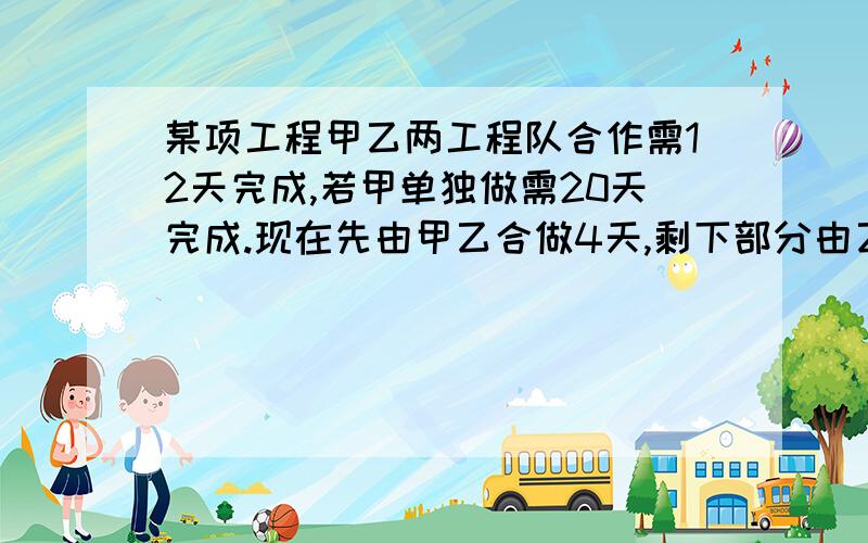 某项工程甲乙两工程队合作需12天完成,若甲单独做需20天完成.现在先由甲乙合做4天,剩下部分由乙独做.乙还需做多少天完成?在线等~要过程.是用一元一次方程.