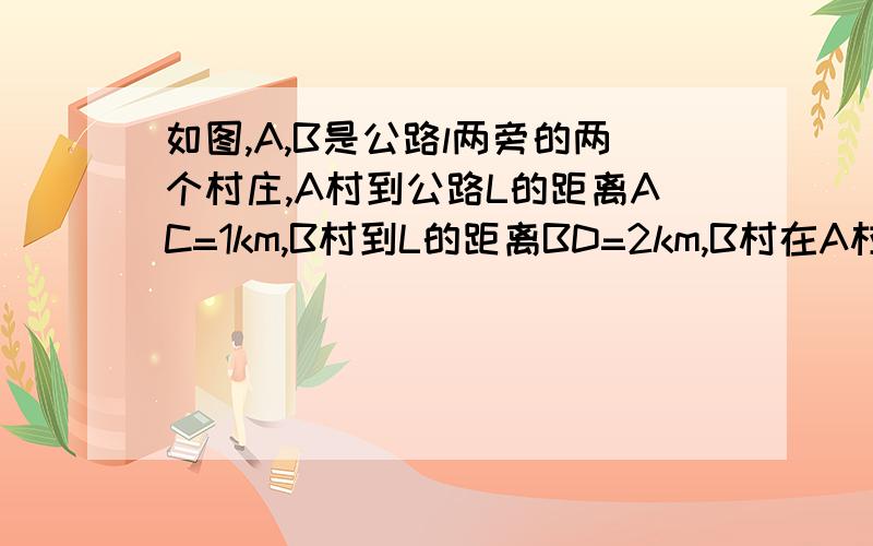 如图,A,B是公路l两旁的两个村庄,A村到公路L的距离AC=1km,B村到L的距离BD=2km,B村在A村的南偏东45°方求A,B两村的距离