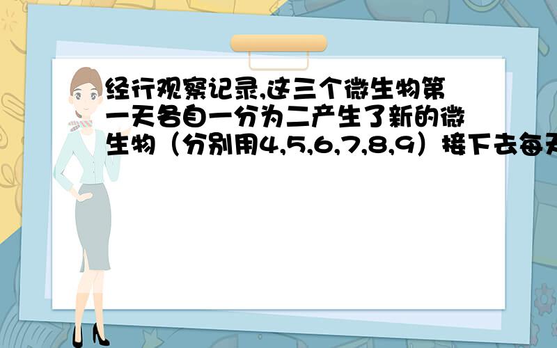 经行观察记录,这三个微生物第一天各自一分为二产生了新的微生物（分别用4,5,6,7,8,9）接下去每天都按照这样的规律变化,即每个一分为二,形成新的微生物,那么有1衍生的第23个微生物标记是?