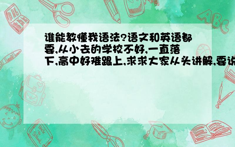 谁能教懂我语法?语文和英语都要,从小去的学校不好,一直落下,高中好难跟上,求求大家从头讲解,要说的清楚点,不要摘抄的.用图表示也可以.