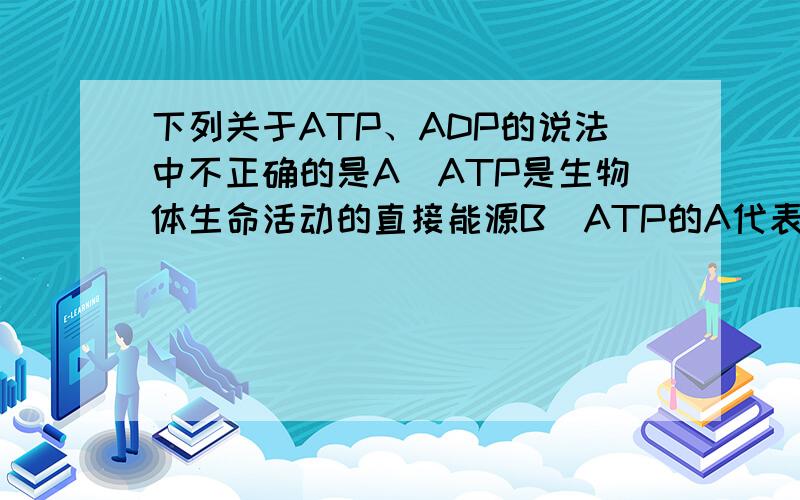 下列关于ATP、ADP的说法中不正确的是A．ATP是生物体生命活动的直接能源B．ATP的A代表腺嘌呤,T代表三个,P代表磷酸基团C．叶绿体中ADP由叶绿体基质向类囊体膜运动,ATP则是向相反方向运动D．动