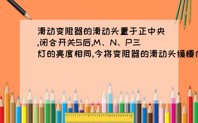 滑动变阻器的滑动头置于正中央,闭合开关S后,M、N、P三灯的亮度相同,今将变阻器的滑动头缓慢向左移动,则三灯的亮度从亮到暗的排列顺序是（） A.M、N、P B.M、P、N C.P、M、N D.N、M、P