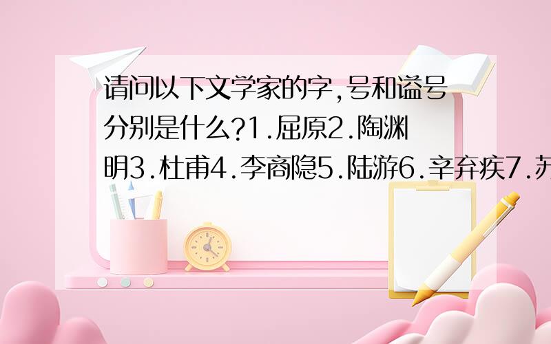 请问以下文学家的字,号和谥号分别是什么?1.屈原2.陶渊明3.杜甫4.李商隐5.陆游6.辛弃疾7.苏轼