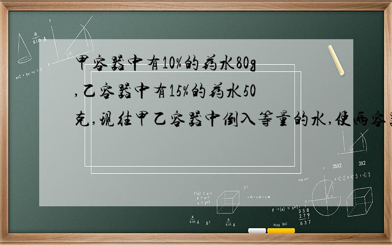 甲容器中有10%的药水80g,乙容器中有15%的药水50克,现往甲乙容器中倒入等量的水,使两容器浓度相等,求倒入多少克水?