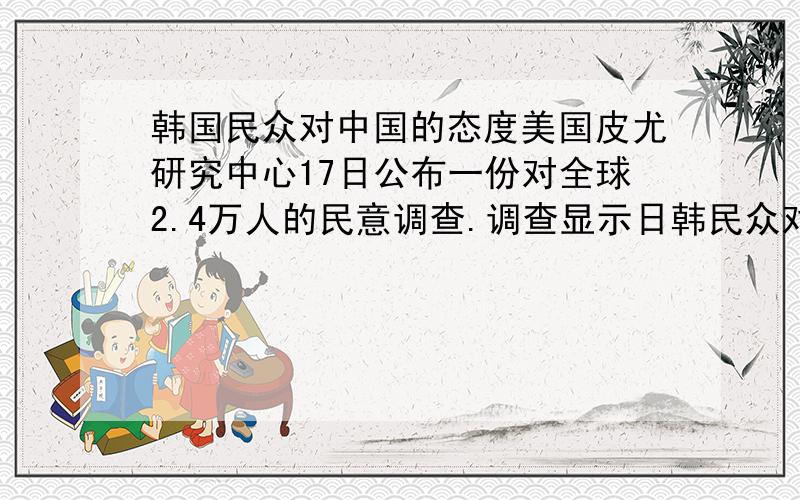 韩国民众对中国的态度美国皮尤研究中心17日公布一份对全球2.4万人的民意调查.调查显示日韩民众对中国的印象较负面,对中国印象最不好的是日本,为69%.在军事方面,88%的日本人认为中国不断