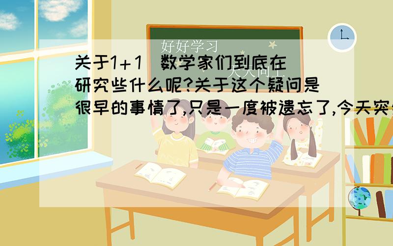 关于1＋1  数学家们到底在研究些什么呢?关于这个疑问是很早的事情了,只是一度被遗忘了,今天突然又有人提了出来.这个的问题已经被当成 笑话,脑筋急转弯很久了,也很土了!只是它原来严肃