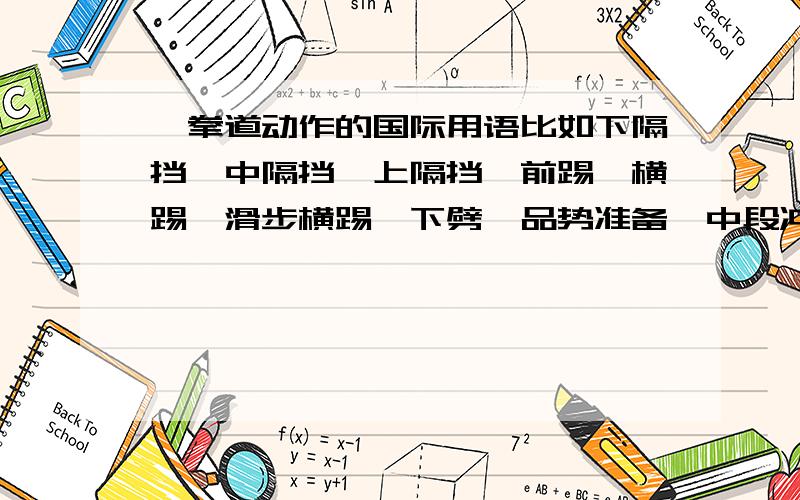 跆拳道动作的国际用语比如下隔挡、中隔挡、上隔挡、前踢、横踢、滑步横踢、下劈、品势准备、中段冲拳、上段冲拳等.