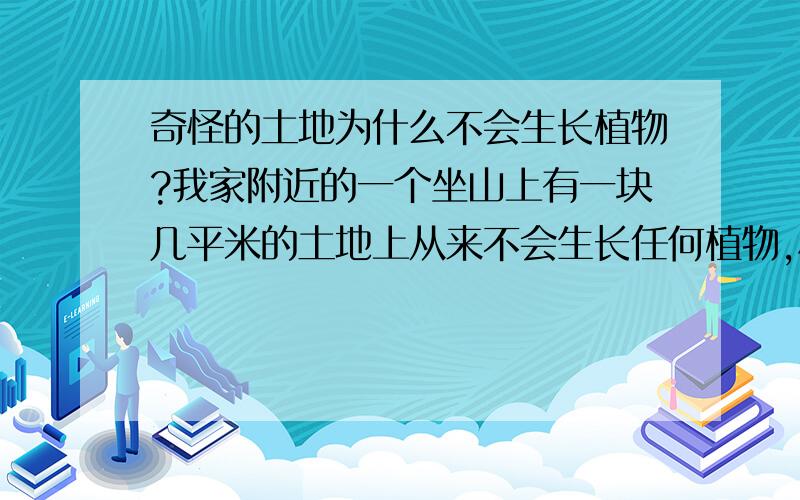 奇怪的土地为什么不会生长植物?我家附近的一个坐山上有一块几平米的土地上从来不会生长任何植物,尽管周围肾厥长的有多茂盛,那一点空地就是不会生长植物,我很好奇,这是为什么?