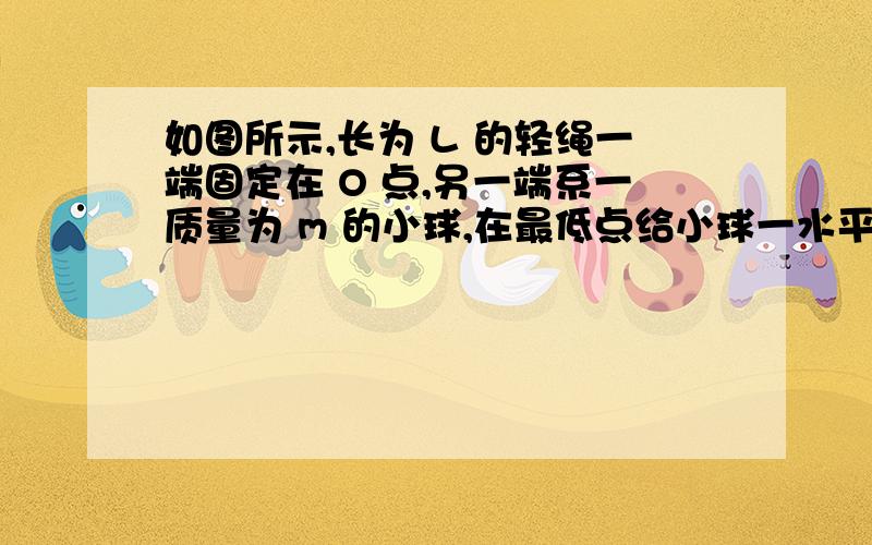 如图所示,长为 L 的轻绳一端固定在 O 点,另一端系一质量为 m 的小球,在最低点给小球一水平初速度 v0 ,同时对小球施加一大小不变,方向始终垂直于绳的力 F ,小球沿圆周运动到绳水平时,小球