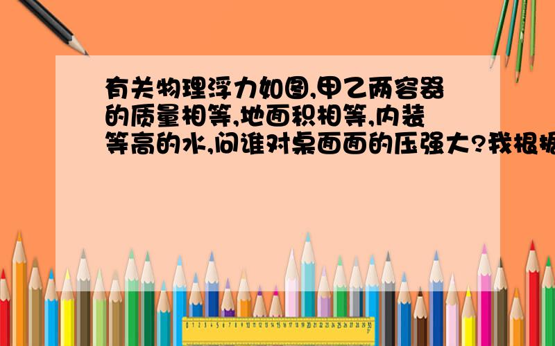 有关物理浮力如图,甲乙两容器的质量相等,地面积相等,内装等高的水,问谁对桌面面的压强大?我根据液体压强公式算p=密度（符号我不会打）gh,既然他们的水的密度都相等（都是水）g一定=9.8,