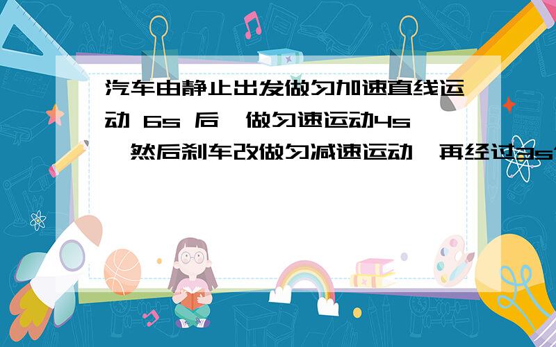 汽车由静止出发做匀加速直线运动 6s 后,做匀速运动4s,然后刹车改做匀减速运动,再经过3s停止,共经过153m,求汽车刹车后的加速度a设6S后速度为v1 3v1+4v1+3/2v1=153 v1=18m/s0=v1+3a v1= - 6m/s²答案是6m/