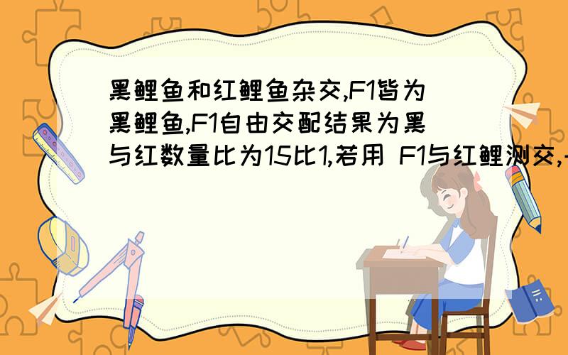 黑鲤鱼和红鲤鱼杂交,F1皆为黑鲤鱼,F1自由交配结果为黑与红数量比为15比1,若用 F1与红鲤测交,子代中不同性状的数量比,详细点,谢谢呀!