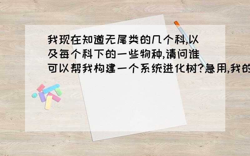 我现在知道无尾类的几个科,以及每个科下的一些物种,请问谁可以帮我构建一个系统进化树?急用,我的意思是利用被人的已知的成果，来构建不同物种间的进化树。因为有关两栖类的一些进化