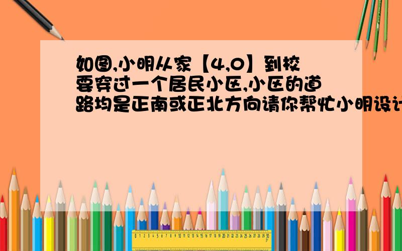 如图,小明从家【4,0】到校要穿过一个居民小区,小区的道路均是正南或正北方向请你帮忙小明设计一条道家的路并在图上画出,用坐标表示他的行走路线