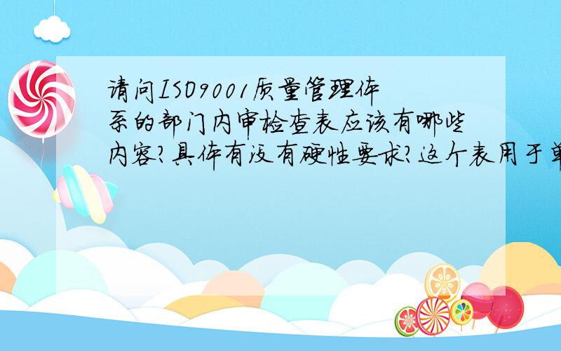 请问ISO9001质量管理体系的部门内审检查表应该有哪些内容?具体有没有硬性要求?这个表用于单位内审的,在各部门填写!