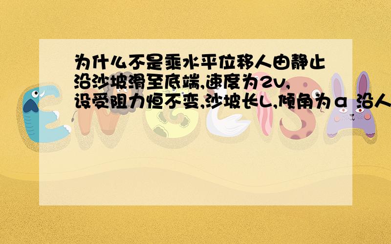 为什么不是乘水平位移人由静止沿沙坡滑至底端,速度为2v,设受阻力恒不变,沙坡长L,倾角为α 沿人沙坡下滑时所受阻力做功FfL=mgLsinα-2mv^2,不是摩擦力做功应该用水平位移Lcosα来算吗