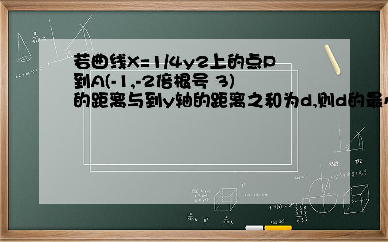 若曲线X=1/4y2上的点P到A(-1,-2倍根号 3)的距离与到y轴的距离之和为d,则d的最小值