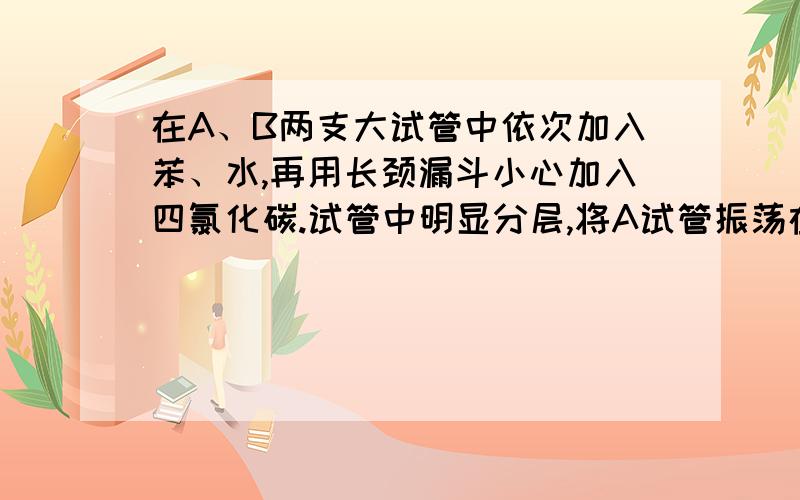 在A、B两支大试管中依次加入苯、水,再用长颈漏斗小心加入四氯化碳.试管中明显分层,将A试管振荡在A、B两支大试管中依次加入苯、水,再用长颈漏斗小心加入四氯化碳.试管中明显分层,将A试