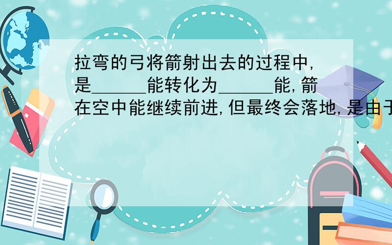 拉弯的弓将箭射出去的过程中,是＿＿＿能转化为＿＿＿能,箭在空中能继续前进,但最终会落地,是由于受到＿＿＿力作用.