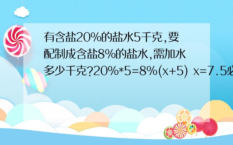 有含盐20%的盐水5千克,要配制成含盐8%的盐水,需加水多少千克?20%*5=8%(x+5) x=7.5必须一个个都回答,如果不对,请给出真确的答案!