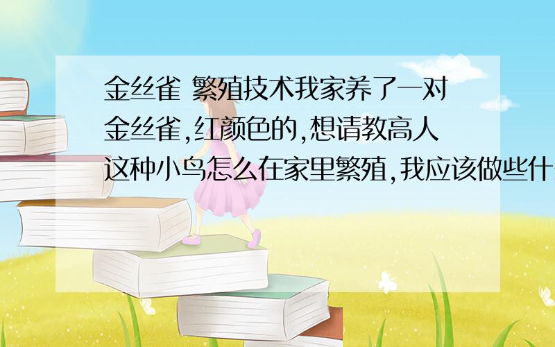 金丝雀 繁殖技术我家养了一对金丝雀,红颜色的,想请教高人这种小鸟怎么在家里繁殖,我应该做些什么?