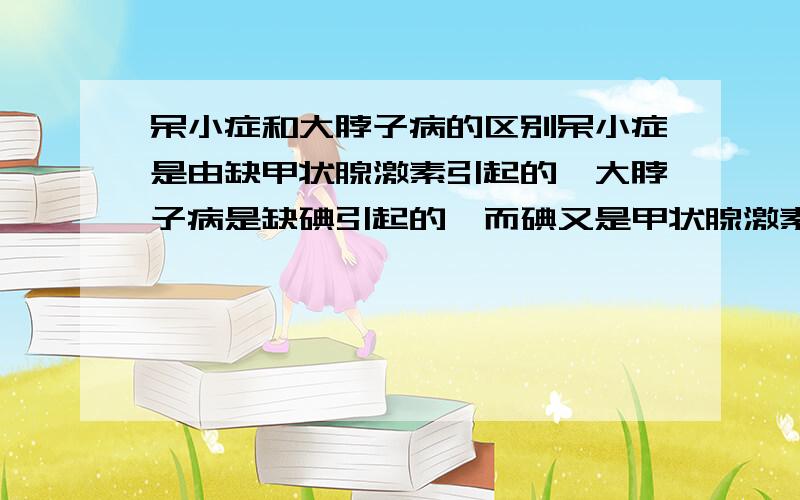 呆小症和大脖子病的区别呆小症是由缺甲状腺激素引起的,大脖子病是缺碘引起的,而碘又是甲状腺激素合成的原料,所以说缺碘就是缺甲状腺激素,那么二者有什么不同呢?