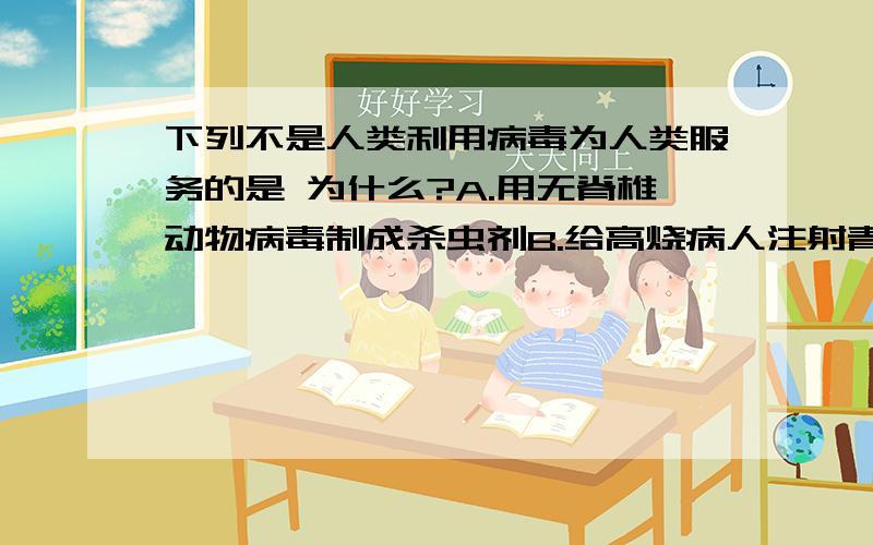 下列不是人类利用病毒为人类服务的是 为什么?A.用无脊椎动物病毒制成杀虫剂B.给高烧病人注射青霉素C.用噬菌体治疗烧伤病人的化脓性感染D.给健康人注射流行性乙脑疫苗