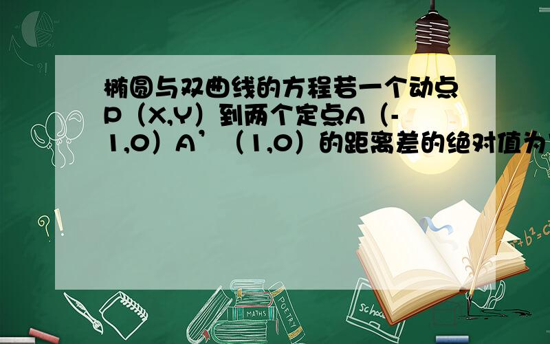 椭圆与双曲线的方程若一个动点P（X,Y）到两个定点A（-1,0）A’（1,0）的距离差的绝对值为定值a,求点P的轨迹方程,并说明轨迹的形状.